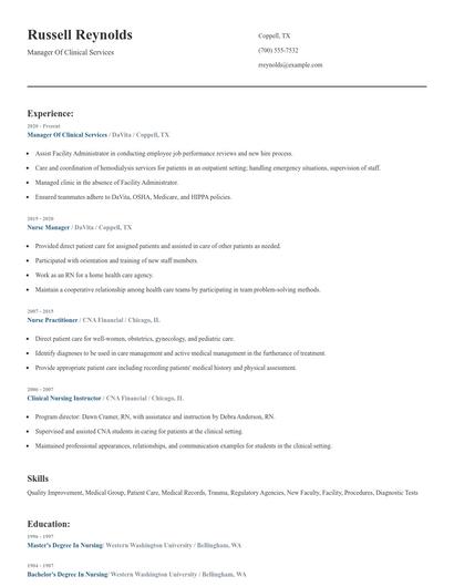 Manager Of Clinical Services Resume