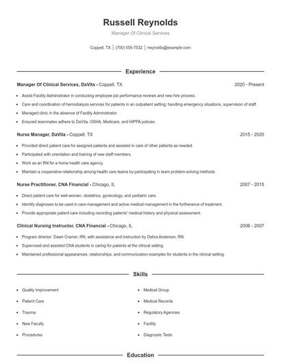 Manager Of Clinical Services Resume