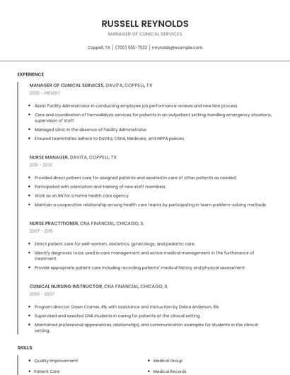 Manager Of Clinical Services Resume