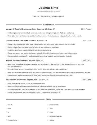 Manager Of Electrical Engineering Resume