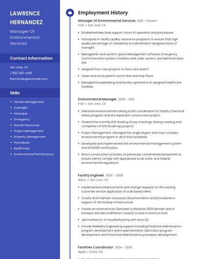 Manager Of Environmental Services Resume