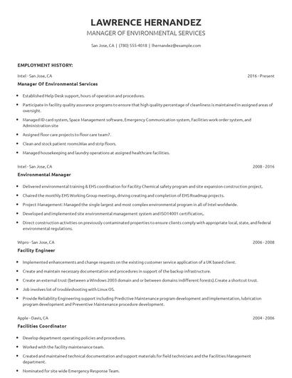 Manager Of Environmental Services Resume