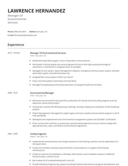 Manager Of Environmental Services Resume