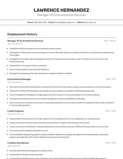 Manager Of Environmental Services Resume