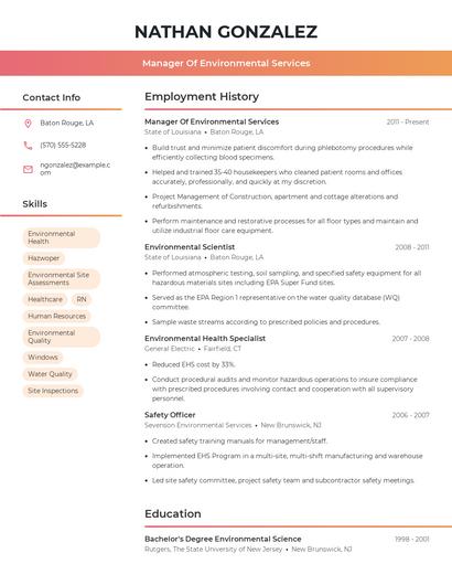 Manager Of Environmental Services Resume