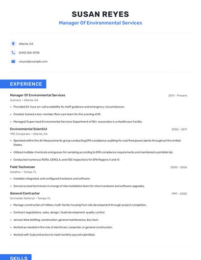 Manager Of Environmental Services Resume