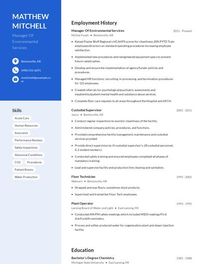 Manager Of Environmental Services Resume