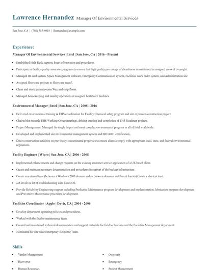 Manager Of Environmental Services Resume