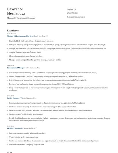 Manager Of Environmental Services Resume