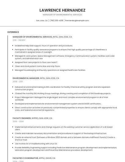Manager Of Environmental Services Resume