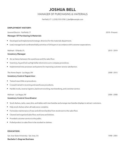 Manager Of Purchasing & Materials Resume
