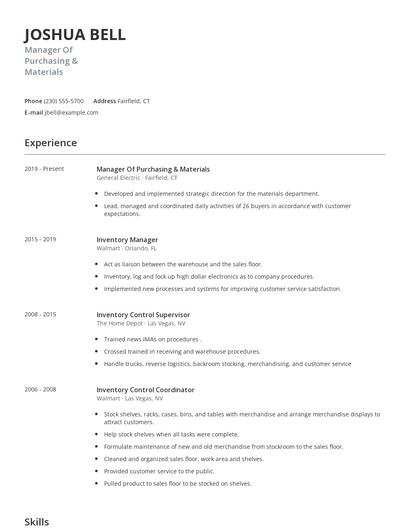 Manager Of Purchasing & Materials Resume