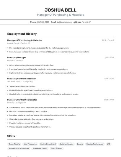 Manager Of Purchasing & Materials Resume