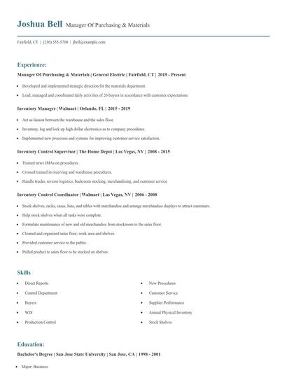 Manager Of Purchasing & Materials Resume