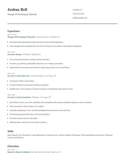 Manager Of Purchasing & Materials Resume