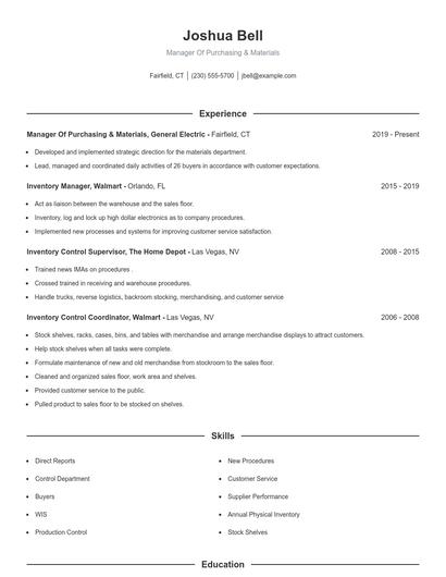 Manager Of Purchasing & Materials Resume