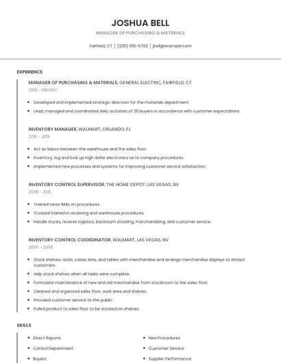 Manager Of Purchasing & Materials Resume