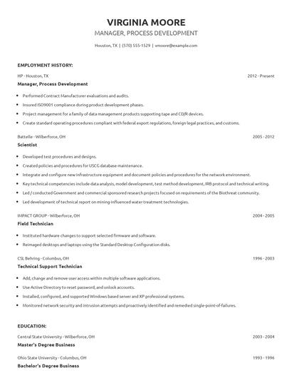 Manager, Process Development Resume
