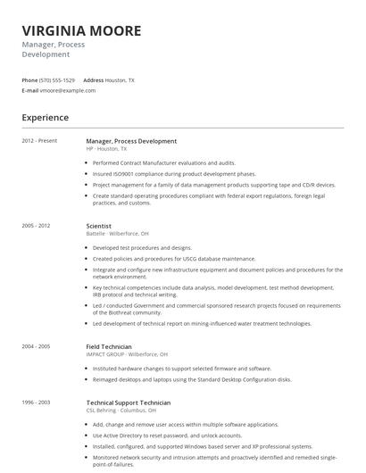 Manager, Process Development Resume