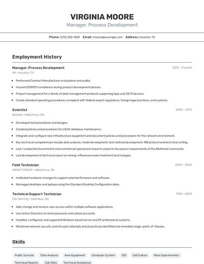 Manager, Process Development Resume
