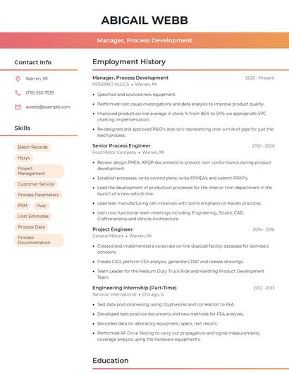 Manager, Process Development Resume