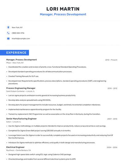 Manager, Process Development Resume