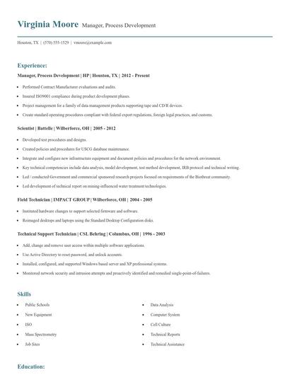 Manager, Process Development Resume