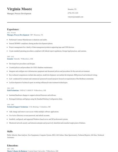 Manager, Process Development Resume