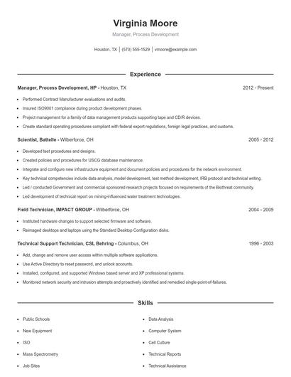 Manager, Process Development Resume