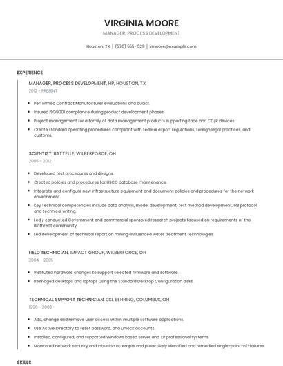 Manager, Process Development Resume
