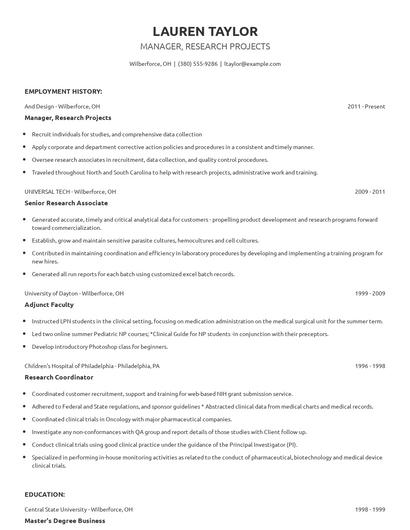 Manager, Research Projects Resume