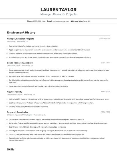 Manager, Research Projects Resume