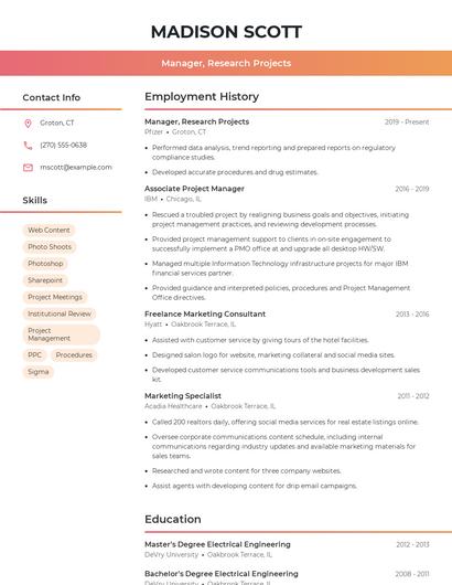 Manager, Research Projects Resume