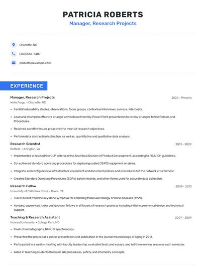 Manager, Research Projects Resume