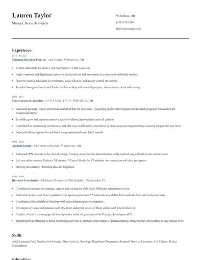 Manager, Research Projects Resume