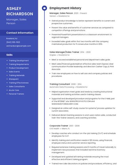 Manager, Sales Person Resume