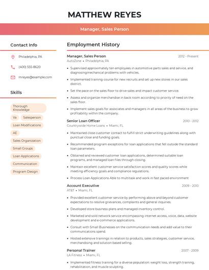 Manager, Sales Person Resume