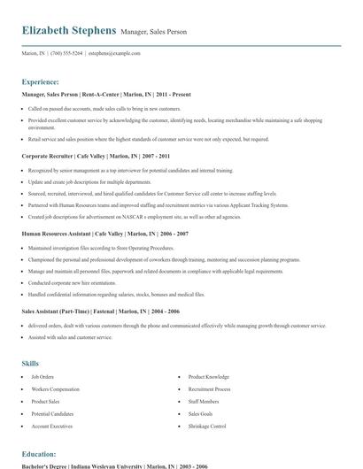 Manager, Sales Person Resume