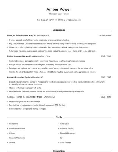 Manager, Sales Person Resume
