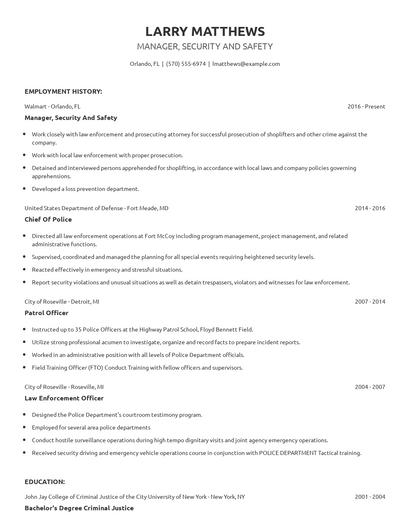 Manager, Security And Safety Resume