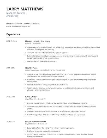 Manager, Security And Safety Resume