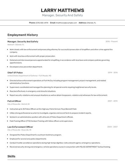 Manager, Security And Safety Resume