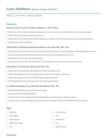 Manager, Security And Safety Resume