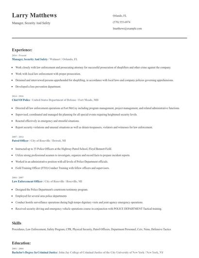 Manager, Security And Safety Resume