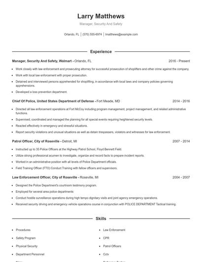 Manager, Security And Safety Resume