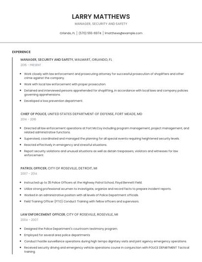 Manager, Security And Safety Resume
