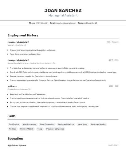Managerial Assistant Resume