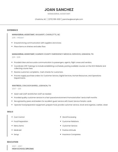 Managerial Assistant Resume