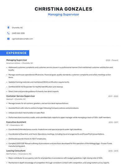 Managing Supervisor Resume