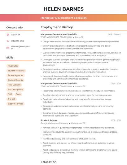 Manpower Development Specialist Resume